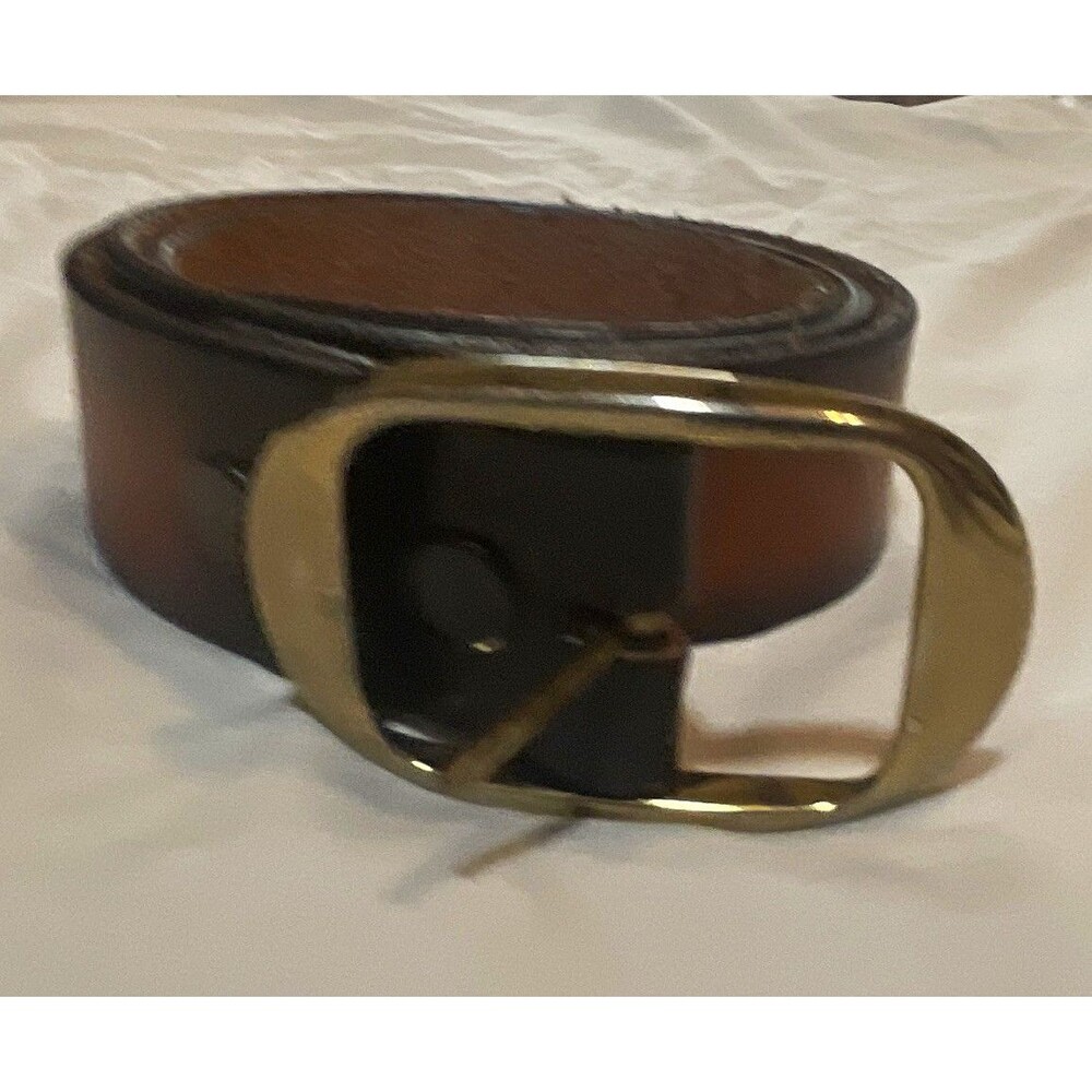 Men's Brown 100% Leather Belt Size 34 Adjustable Solid Bronze-Tone Buckle